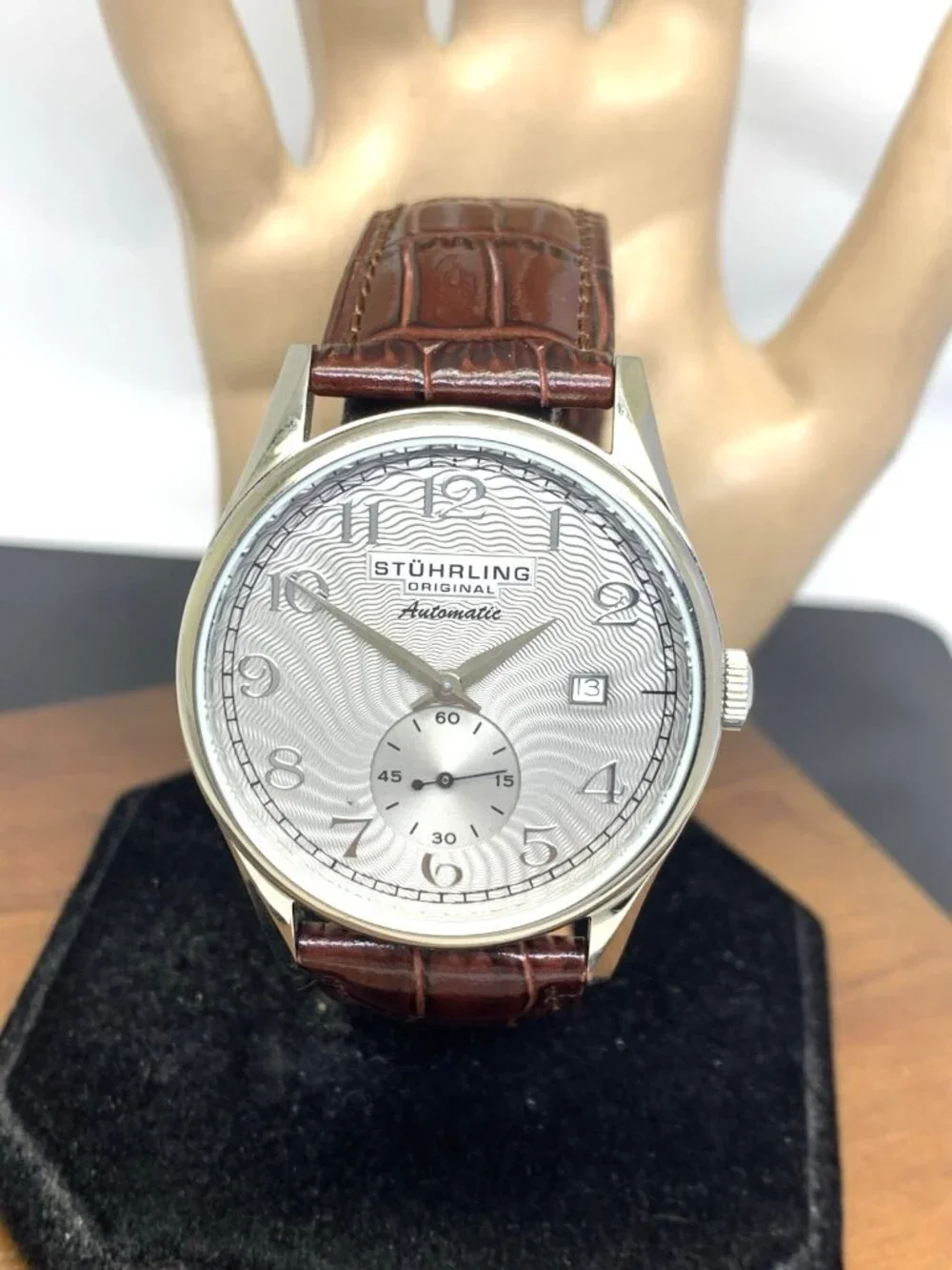 Stuhrling Men's Watch 171 Automatic Gray Dial Silver Brown Leather Band 40mm